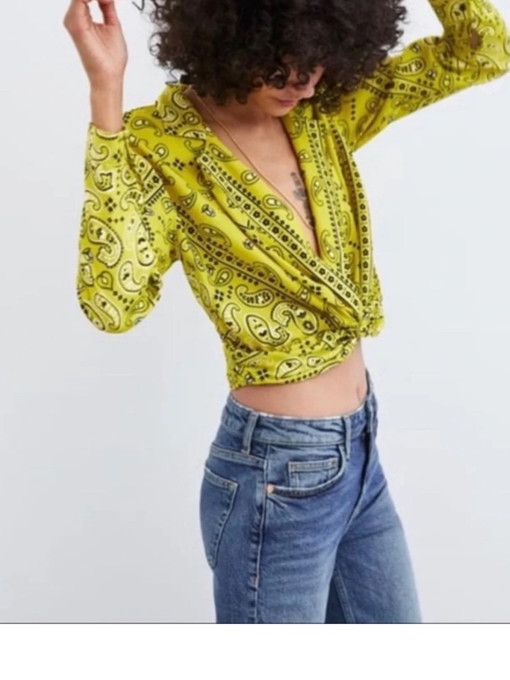 Zara Yellow Paisley Knot-Front Crop Top